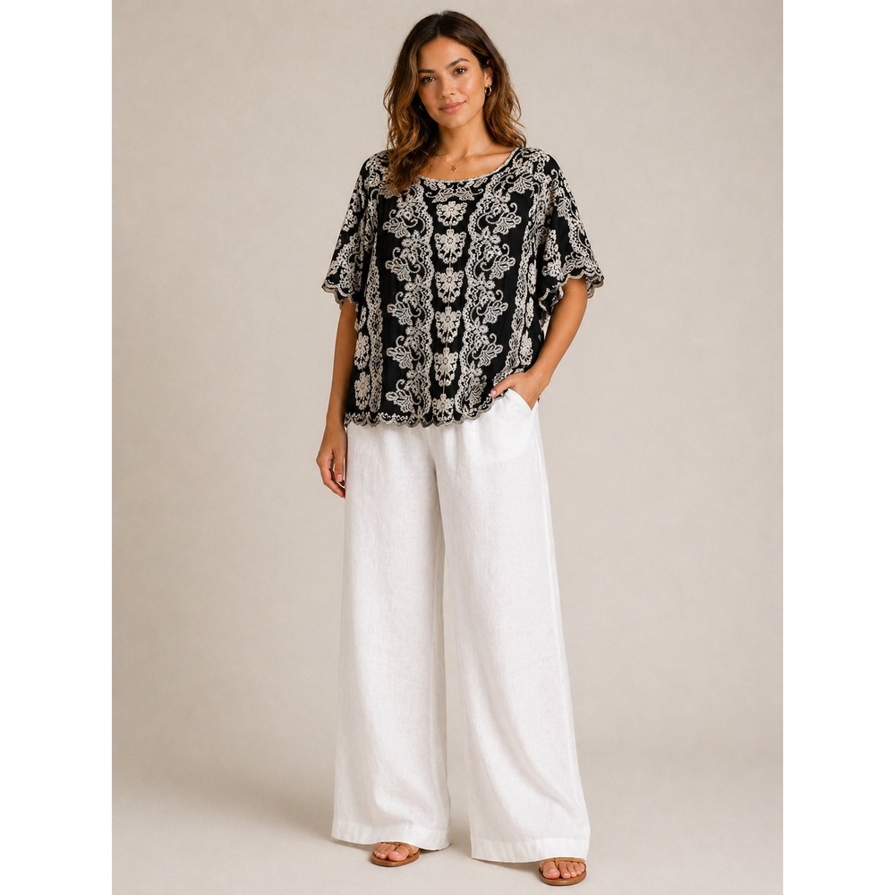 Solitaire Womens Black White Embroidered Boho Rayon Blouse Short Sleeve Medium